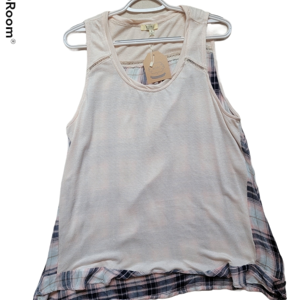 Kori Cream Colored Plaid Back Tank High Low